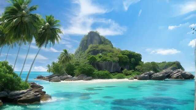 beach with palm trees, background, 4k, animation video, seamless looping, footage, generative ai