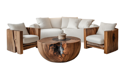 A retro white sofa and round wooden table isolated on a transparent  background