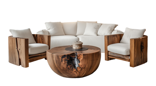 A retro white sofa and round wooden table isolated on a transparent  background