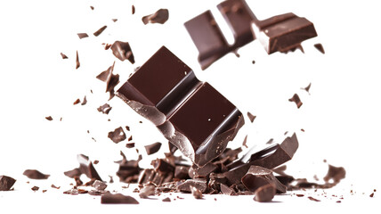 Chocolate pieces scattered in the air on a transparent background