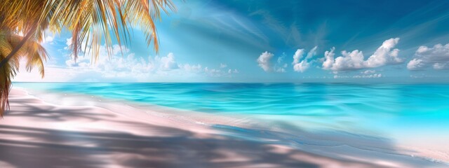 Fototapeta na wymiar Beautiful seascape tropical beach with white sand and palm tree, turquoise water of ocean on bright hot sunny day. Blue sky with clouds. Summer vacation.