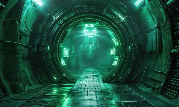 Futuristic tunnel in space inside a metal capsule, evoking technology and mystery