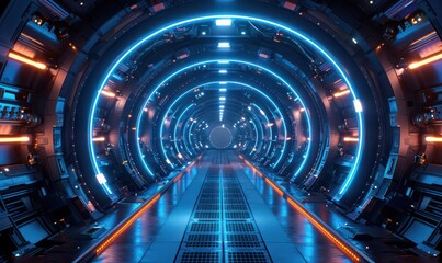 Obraz premium Futuristic tunnel in space inside a metal capsule, evoking technology and mystery