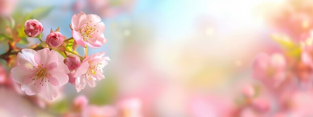 Beautiful spring bright natural background with soft pink sakura flowers close-up.