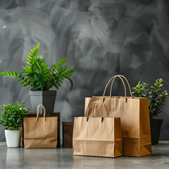 Environmentally conscious shopping with reusable brown paper bags amid lush green plants - obrazy, fototapety, plakaty