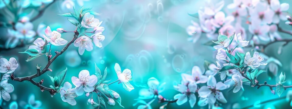 Beautiful spring floral background with branches of blossoming cherry, soft focus. Frame of pink sakura flowers in spring close-up macro on a turquoise background outdoors in nature.