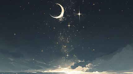 The black and gray gradient of the starry sky in a watercolor style, the stars are golden, and the moon is also golden, illustration.