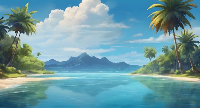 painting style illustration of beautiful peaceful tropical ocean lagoon banner background wallpaper