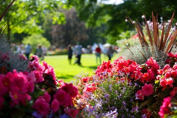 Vibrant flower garden with a variety of colors with people in the background
