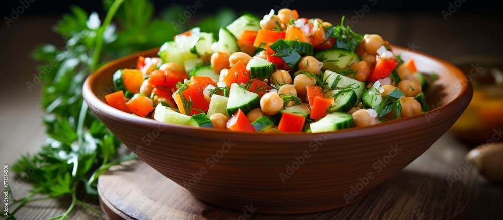 Poster A dish of salad made with superfood chickpeas, carrots, cucumbers, and parsley. Fresh ingredients displayed on a natural wooden table