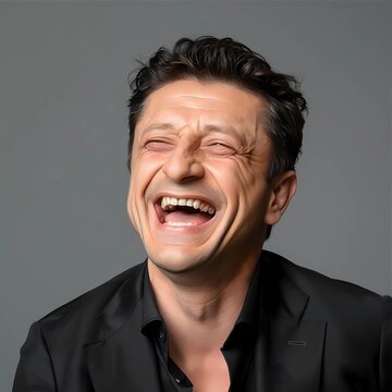 Joyful Man Laughing in Black Shirt with Genuine Smile