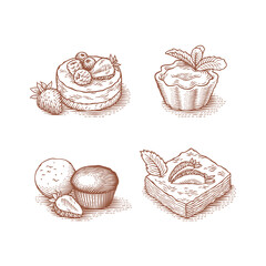 Cakes and desserts. Hand drawn engraving style illustrations.