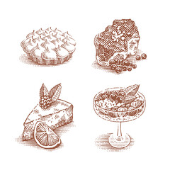 Сheesecake. Meringue. Tiramisu. Berry dessert. Desserts. Hand drawn engraving style illustrations.
