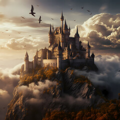 A fantasy castle on a hill with a dragon flying overhead - obrazy, fototapety, plakaty