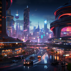 A futuristic cityscape at dusk with neon lights.
