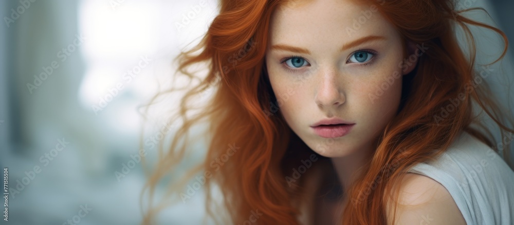 Poster a woman with layered red hair and blue eyes gazes at the camera, showcasing her long eyelashes and f