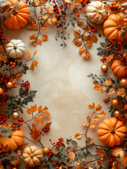 Autumn frame made of pumpkin, leaves, and decorations berries. Mockup. High quality
