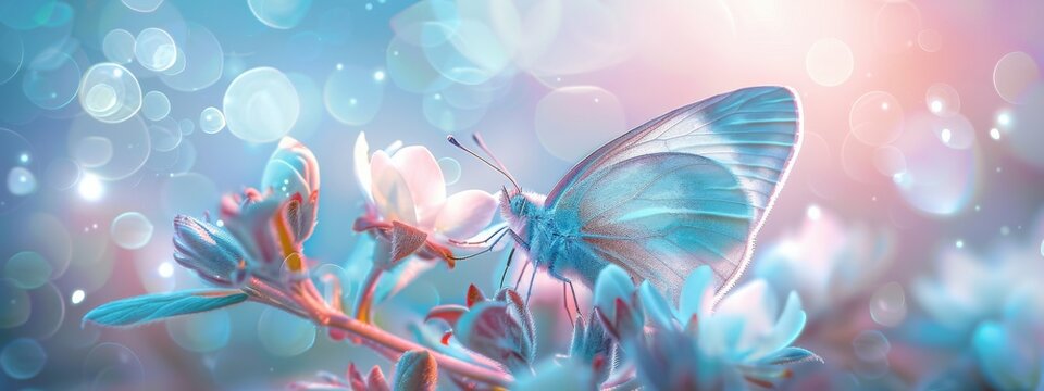 Beautiful white butterfly on white flower buds on a soft blurred blue background spring or summer in nature. Gentle romantic dreamy artistic image, beautiful round bokeh.