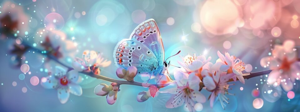 Beautiful white butterfly on white flower buds on a soft blurred blue background spring or summer in nature. Gentle romantic dreamy artistic image, beautiful round bokeh.