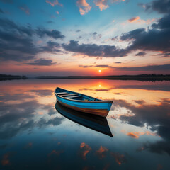 A lone boat sailing on a calm lake with reflections