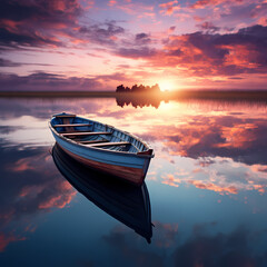 A lone boat sailing on a calm lake with reflections - obrazy, fototapety, plakaty