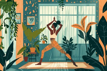 modern flat illustration of a woman doing yoga at home
