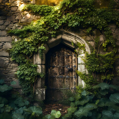 Fototapeta na wymiar A mysterious door in an ancient stone wall with ivy