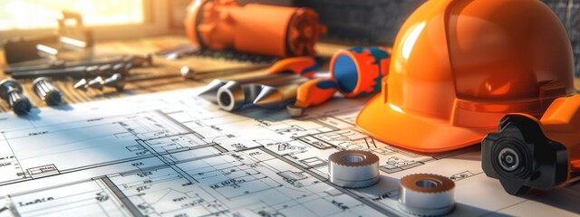 Blueprints featuring helmet and tools for construction Copy space image Place for adding text or design