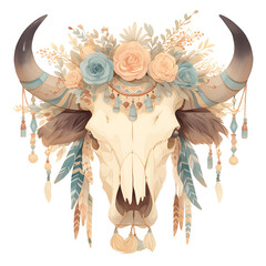 Watercolor bohemian bull skull. Western mammals bison. Watercolour hipster boho decoration print bison. flowers, feathers. Isolated on white. Boho skull style. Watercolor ethnic themed design skull.
