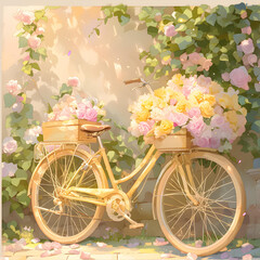Watercolor vintage bicycle with box of flowers. Illustration for your design.