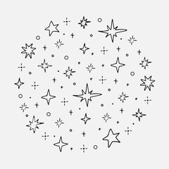 Set of doodle black stars shape. Circle composition Bright firework, decoration twinkle, shiny flash. Glowing light effect star. Vector illustration