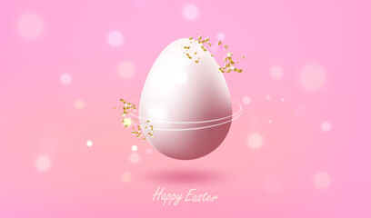 Happy Easter design with realistic egg. Holiday easter banner or card with confetti on pink background. Vector Illustrator.
