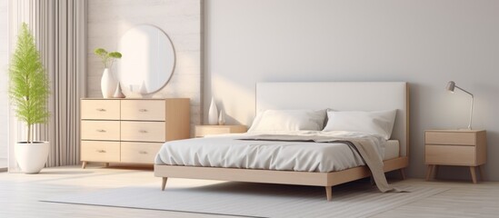 Furniture in a bedroom includes a bed frame, dresser, nightstand, and mirror. The room offers comfort with hardwood flooring and a rectangular layout