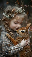 Naklejka premium Young girl in winter woodland embracing a fluffy hare while wearing a flower crown,capturing the beauty of nature through her photography
