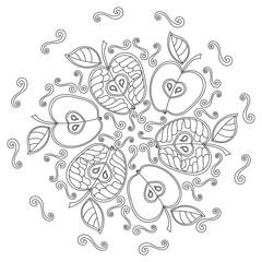 Mandala apples. Hand drawn coloring book page. Vector illustration.