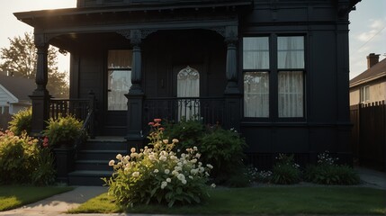 Fototapeta na wymiar Small old black victorian house facade front yard lawn and flowers with bright dramatic lighting sunlight from Generative AI