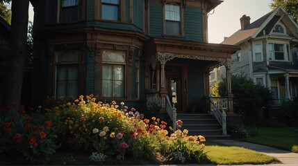 Small old colorful victorian house facade front yard lawn and flowers with bright dramatic lighting sunlight from Generative AI