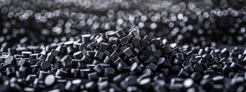 Close up 3D illustration of black plastic pellets a type of polymer resin