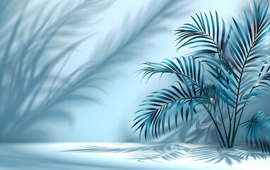 Fototapeta na wymiar Abstract light blue background with palm shadows. High-resolution