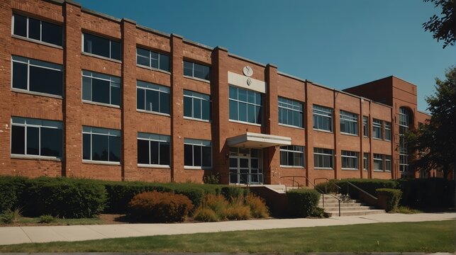 Streetview facade of generic high school building made of red bricks with lawn and bushes in front and clear blue sky above from Generative AI