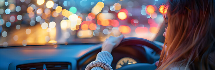 The woman driving a car on the blurred city street panorama background. High quality