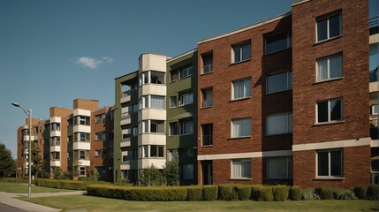 Streetview facade of generic modern green theme brick apartment building complex with lawn and bushes in front and blue sky from Generative AI