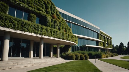 Fototapeta na wymiar Streetview facade of generic modern green theme government office building with lawn and bushes in front and clear blue sky from Generative AI