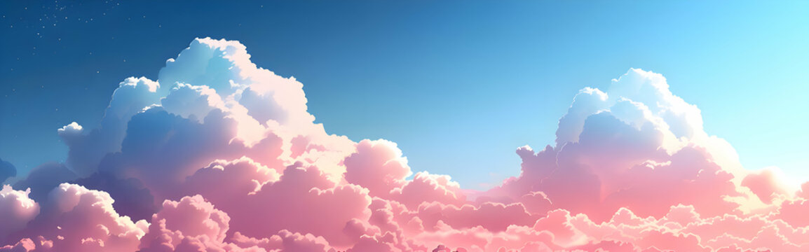 Pastel pink and blue sky with clouds banner. High quality