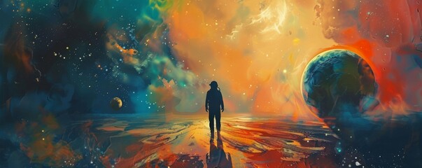 Otherworldly exploration depicted in abstract cosmic artwork Astronaut silhouette against ethereal backdrop of planets and cosmic sands, evoking sense of wonder - obrazy, fototapety, plakaty