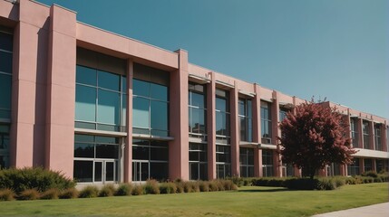 Fototapeta premium Streetview facade of generic modern pink theme university school building with lawn and bushes in front and clear blue sky from Generative AI