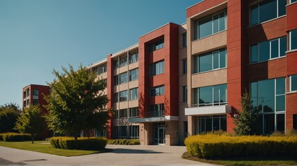 Streetview facade of generic modern red theme university school building with lawn and bushes in front and clear blue sky from Generative AI