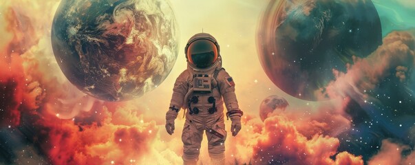 Epic adventure into the unknown portrayed in abstract cosmic poster Astronaut, helmet aglow, stands against surreal backdrop of planets and celestial sands - obrazy, fototapety, plakaty