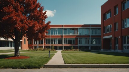 Streetview facade of generic modern red theme university school building with lawn and bushes in front and clear blue sky from Generative AI