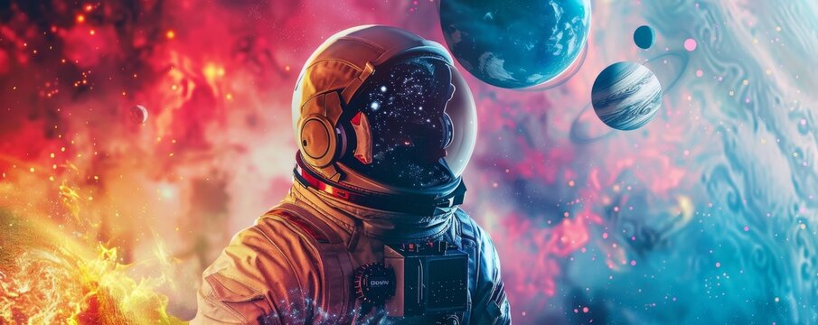 Ethereal Journey Through Space Depicted In Abstract Cosmic Poster Astronaut Figure Adorned With Helmet, Set Against Surreal Cosmic Landscape With Planetary Wonders